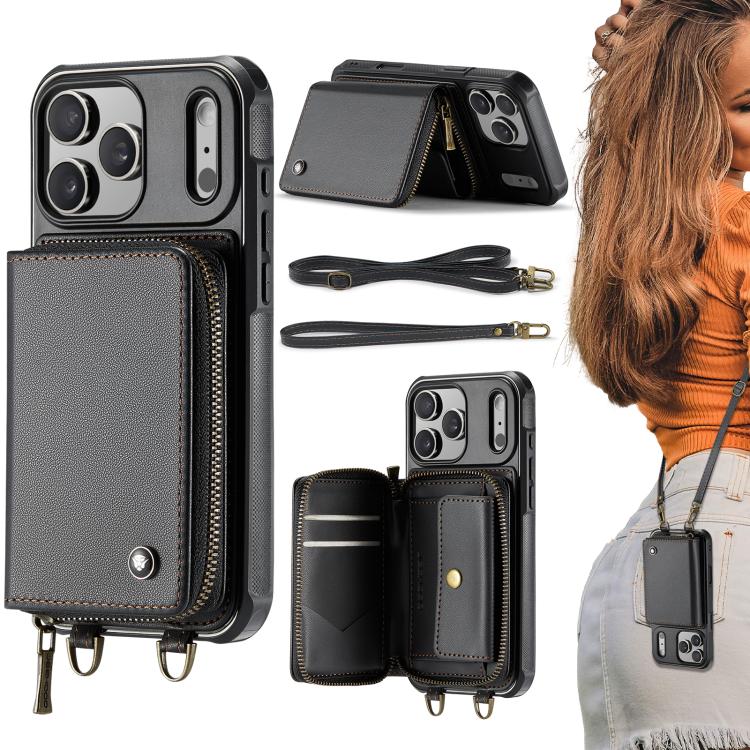 JEEHOOD C22 Serie Leder-Handyhülle mit Reißverschluss-Geldbörse und zwei Tragebändern, für iPhone 17 Pro Max, für iPhone 17 Pro, für iPhone Air, für iPhone 16 Pro Max