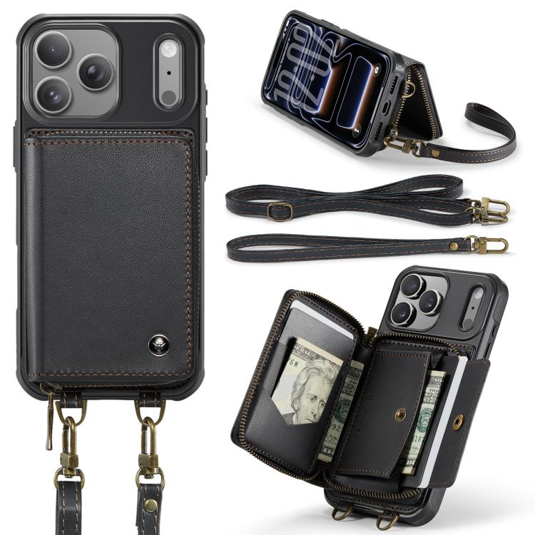 JEEHOOD C22 Serie Leder-Handyhülle mit Reißverschluss-Geldbörse und zwei Tragebändern, für iPhone 17 Pro Max, für iPhone 17 Pro, für iPhone Air, für iPhone 16 Pro Max