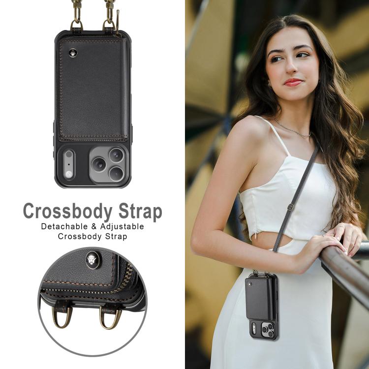 JEEHOOD C22 Serie Leder-Handyhülle mit Reißverschluss-Geldbörse und zwei Tragebändern, für iPhone 17 Pro Max, für iPhone 17 Pro, für iPhone Air, für iPhone 16 Pro Max