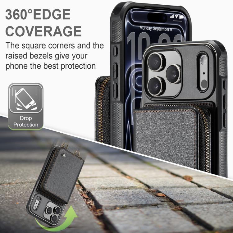 JEEHOOD C22 Serie Leder-Handyhülle mit Reißverschluss-Geldbörse und zwei Tragebändern, für iPhone 17 Pro Max, für iPhone 17 Pro, für iPhone Air, für iPhone 16 Pro Max