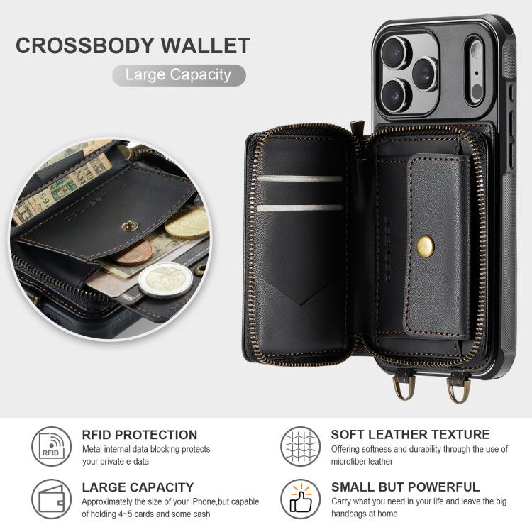 JEEHOOD C22 Serie Leder-Handyhülle mit Reißverschluss-Geldbörse und zwei Tragebändern, für iPhone 17 Pro Max, für iPhone 17 Pro, für iPhone Air, für iPhone 16 Pro Max