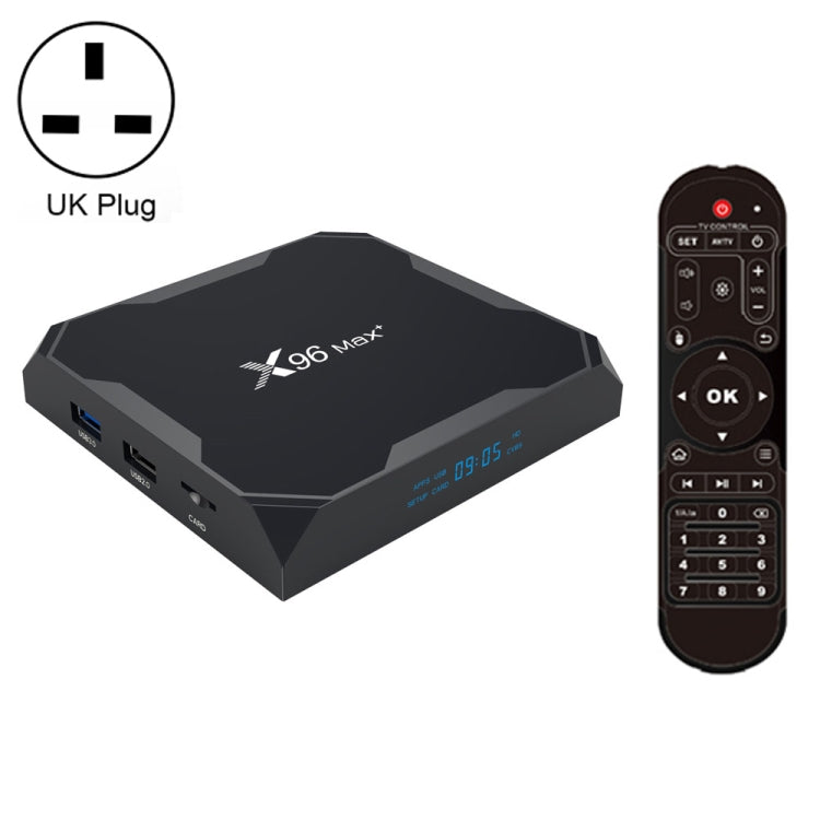 X96 Max+ 4K Smart TV Box: Android 9.0, Amlogic S905X3, Quad-Core, 2GB RAM, 16GB Speicher, LAN, AV, 2,4G/5G WiFi, 2x USB, TF-Karte, UK-Stecker