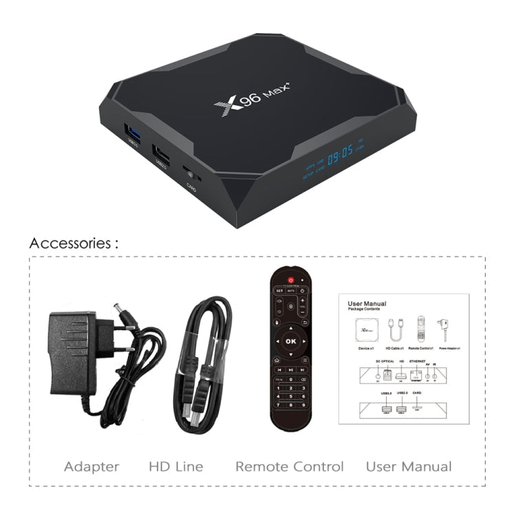 X96 Max+ 4K Smart TV Box: Android 9.0, Amlogic S905X3, Quad-Core, 2GB RAM, 16GB Speicher, LAN, AV, 2,4G/5G WiFi, 2x USB, TF-Karte, UK-Stecker