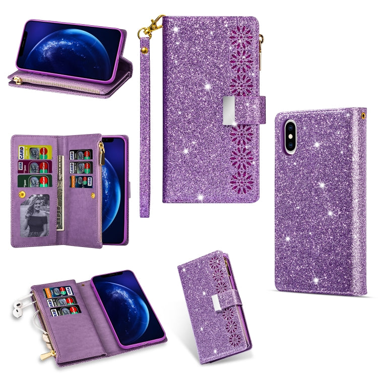 Multi-card Slots Starry Sky Laser Carving Glitter Zipper Horizontal Flip Leather Case with Holder & Wallet & Lanyard, For iPhone XR, For iPhone X / XS, For iPhone 8 Plus / 7 Plus, For iPhone SE 2022 / SE 2020 / 8 / 7