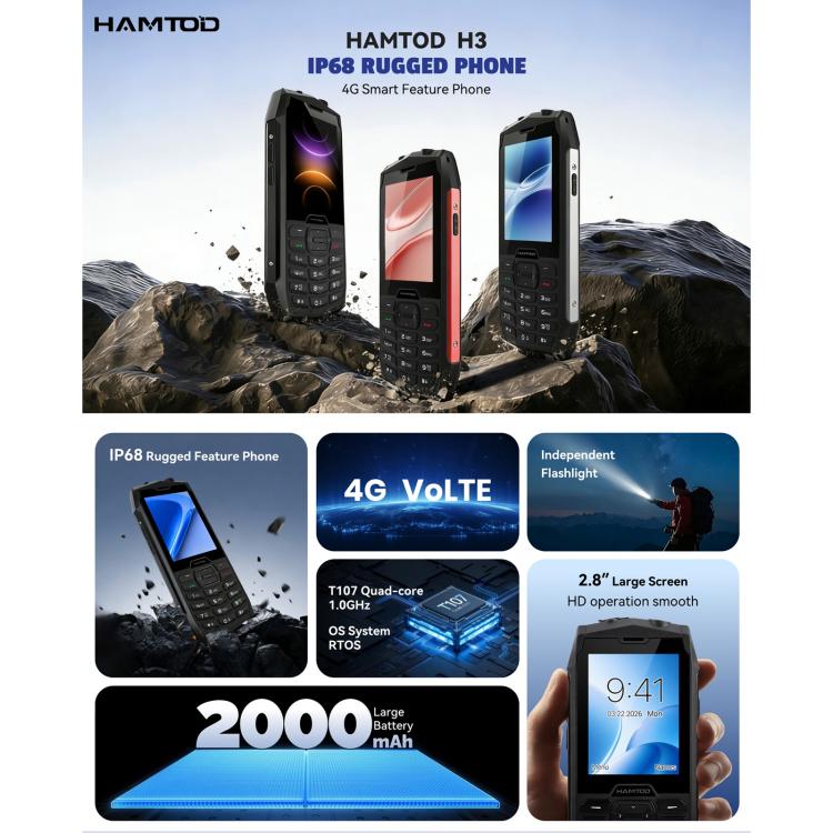 HAMTOD H3 Robustes Telefon, 2,8 Zoll T107 ARM CortexTM A7 Quad-Core 1,0 GHz, Netzwerk: 4G, VoLTE, BT, SOS, EU-Version
