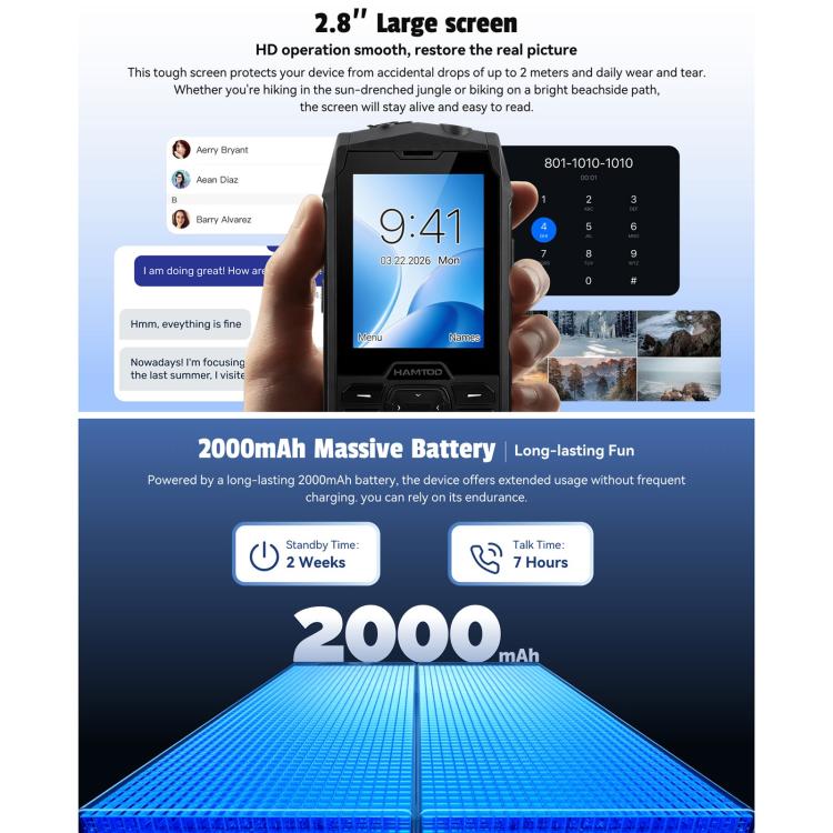 HAMTOD H3 Robustes Telefon, 2,8 Zoll T107 ARM CortexTM A7 Quad-Core 1,0 GHz, Netzwerk: 4G, VoLTE, BT, SOS, EU-Version