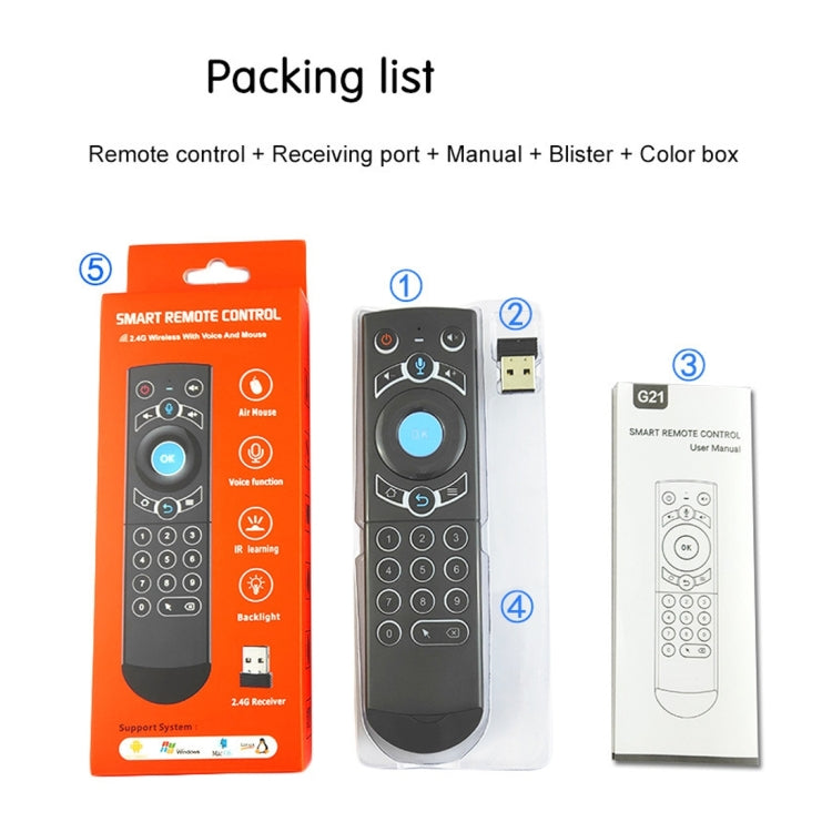 G21 2.4GHz Fly Air Mouse LED Backlight Wireless Keyboard Remote Control with Gyroscope for Android TV Box / PC, Support Intelligent Voice, Orange