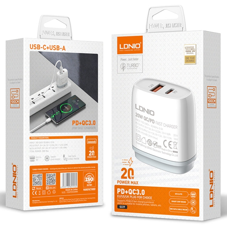LDNIO Q229 QC3.0 / PD20W USB + Type-C Fast Charger with 1m Type-C to Type-C Cable, EU Plug, UK Plug, US Plug