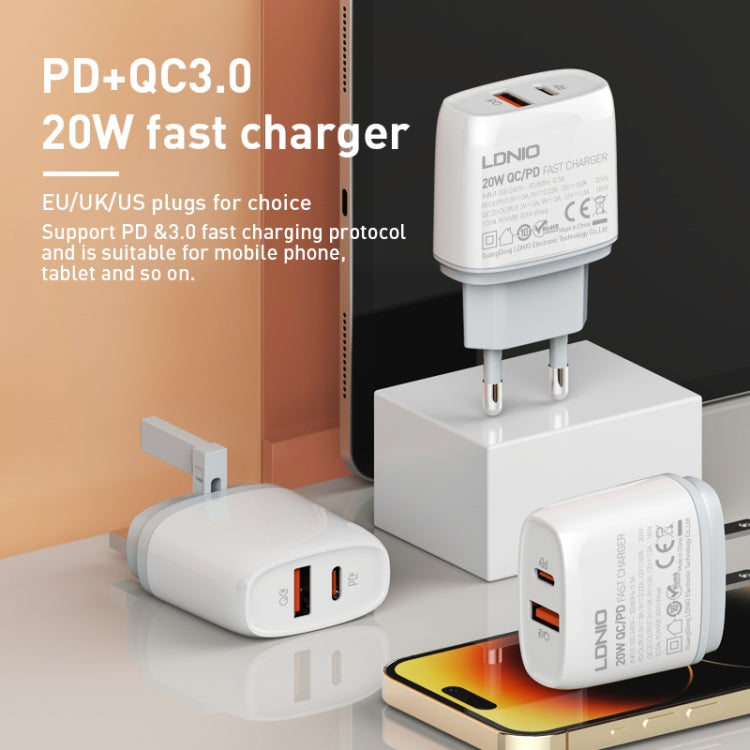 LDNIO Q229 QC3.0 / PD20W USB + Type-C Fast Charger with 1m Type-C to Type-C Cable, EU Plug, UK Plug, US Plug