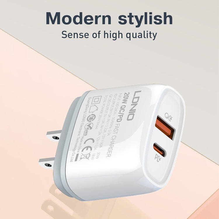 LDNIO Q229 QC3.0 / PD20W USB + Type-C Fast Charger with 1m Type-C to Type-C Cable, EU Plug, UK Plug, US Plug