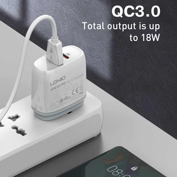 LDNIO Q229 QC3.0 / PD20W USB + Type-C Fast Charger with 1m Type-C to Type-C Cable, EU Plug, UK Plug, US Plug