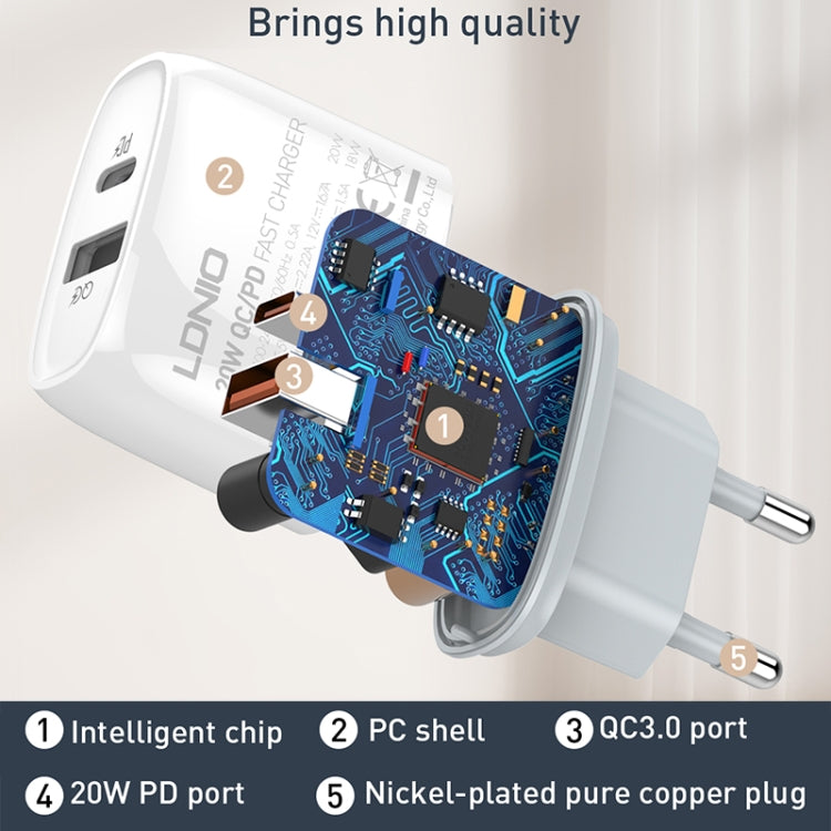 LDNIO Q229 QC3.0 / PD20W USB + Type-C Fast Charger with 1m Type-C to Type-C Cable, EU Plug, UK Plug, US Plug
