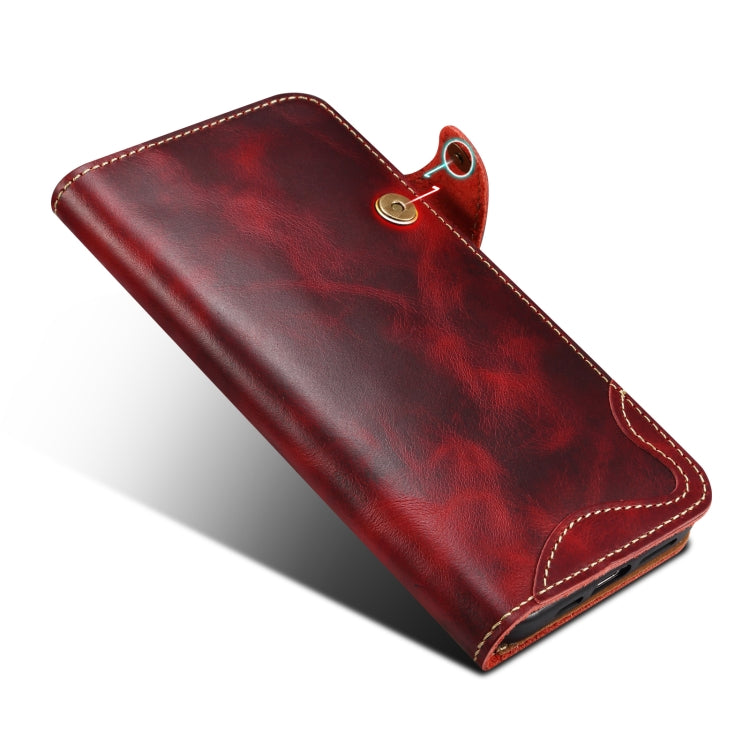 Denior B01 Oil Wax Cowhide Magnetic Button Genuine Leather Case, For iPhone 16