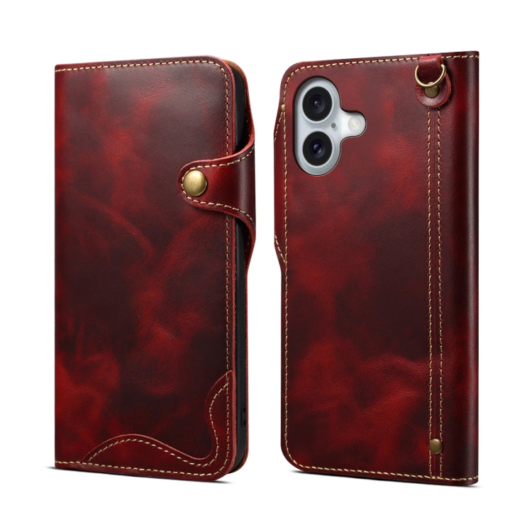 Denior B01 Oil Wax Cowhide Magnetic Button Genuine Leather Case, For iPhone 16