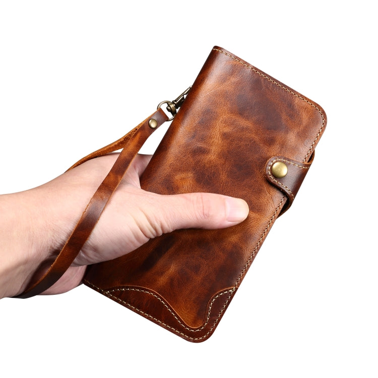 Denior B01 Oil Wax Cowhide Magnetic Button Genuine Leather Case, For iPhone 16
