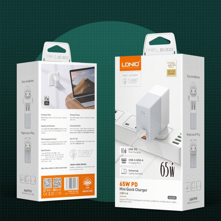 LDNIO A2620C PD3.0 65W USB Power Adapter Travel Charger with Type-C to Type-C Cable, EU Plug, US Plug, UK Plug