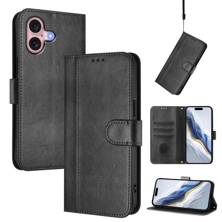 Line Splicing Buckle Retro Leather Phone Case, For iPhone 16 Pro, For iPhone 16 Plus, For iPhone 16