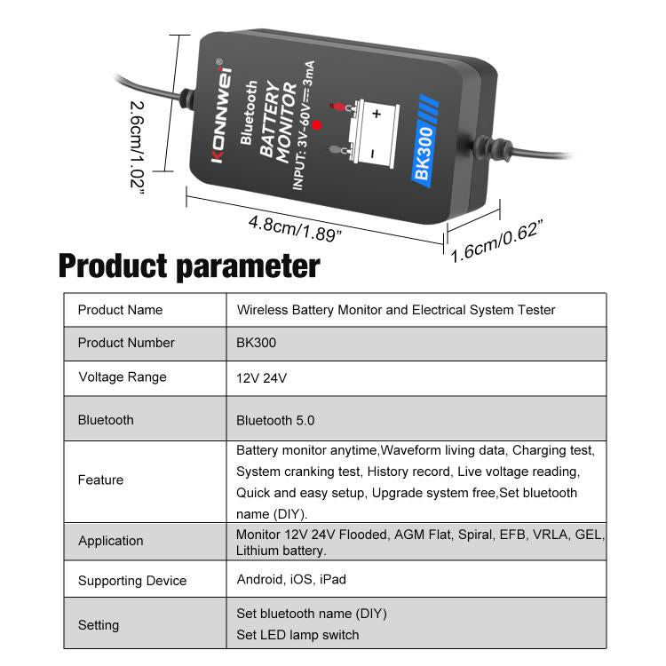KONNWEI BK300 6V / 12V / 24V Auto-Bluetooth 5.0 Batterieüberwachungs-Diagnosetool, BK300