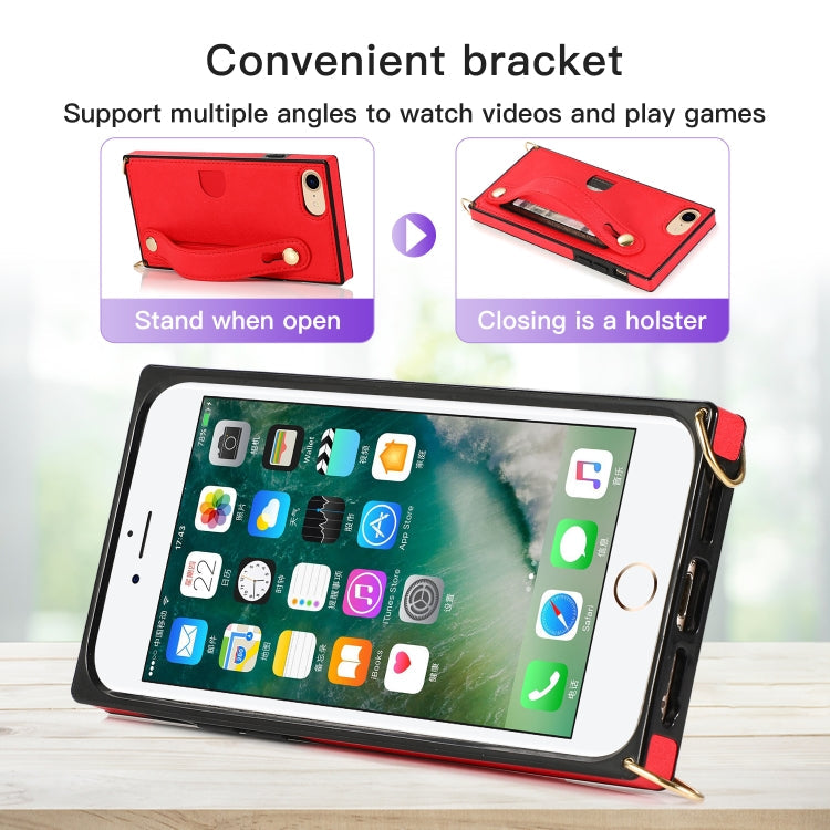 Stoßfeste Schutzhülle aus PU+TPU mit Handschlaufe, Umhängeband, Halterung und Kartenfach, für iPhone 6, für iPhone 7 / 8 / SE 2020, für iPhone 6 Plus, für iPhone 8 Plus / 7 Plus