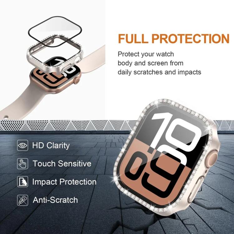 xDfind Single Row Diamond Tempered Glass Film Integrated PC Watch Case, For Apple Watch Series 9 / 8 / 7 41mm, For Apple Watch Series 3 / 2 / 1 38mm