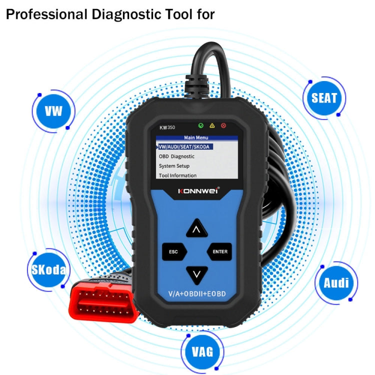 KONNWEI KW350 OBDII 12V Car Diagnostics Detector Scanner with 2 inch Black And White Display Screen V007 for Audi / Volkswagen, KW350