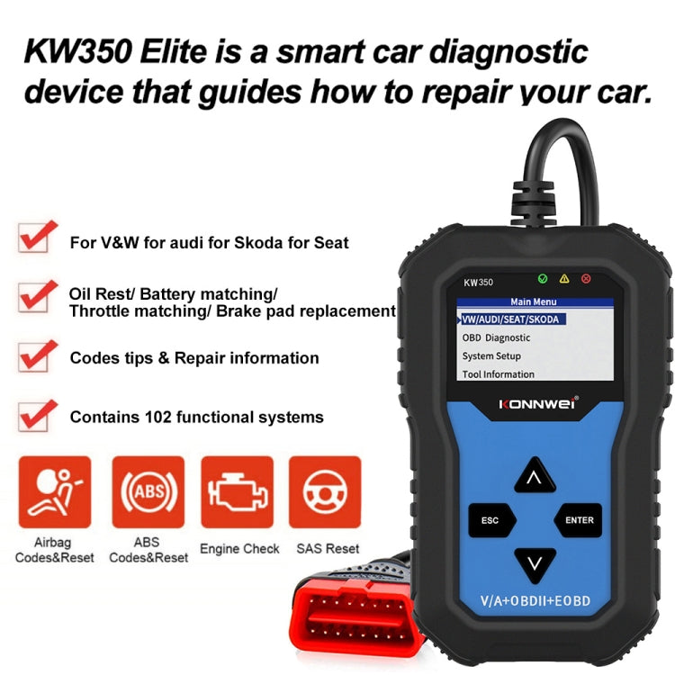 KONNWEI KW350 OBDII 12V Car Diagnostics Detector Scanner with 2 inch Black And White Display Screen V007 for Audi / Volkswagen, KW350