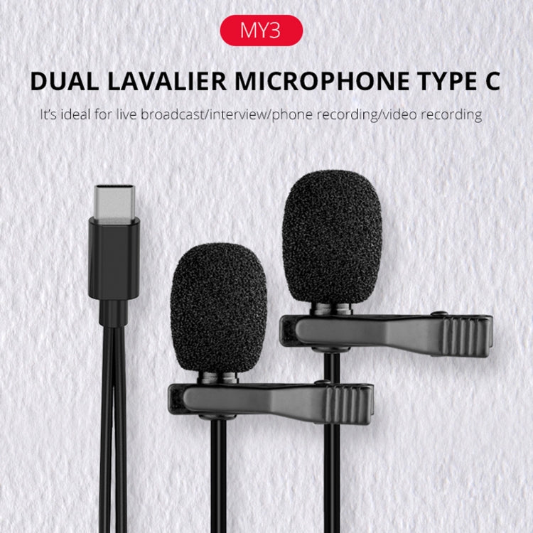 YELANGU MY3 Type-C Interface Live Broadcast Interview Mobile Phone Double Clip Lavalier Microphone, Length: 2.5m, MY3