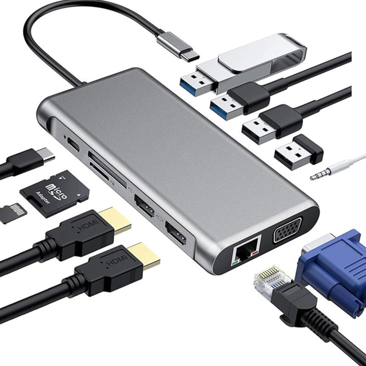 12 in 1 HDMI x2 + USB3.0 + USB2.0 + PD Charging + VGA + RJ45 + 3.5mm Jack + TF/SD x2 Type-C / USB-C HUB Docking Station