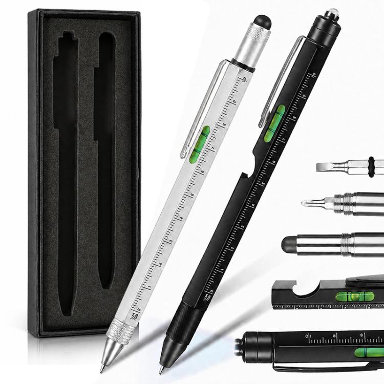 Multifunctional Metal Ballpoint Tool Pen Gift Set with Light, Bottle Opener, Stylus, and Ruler, Lid and Base Box, Color Box