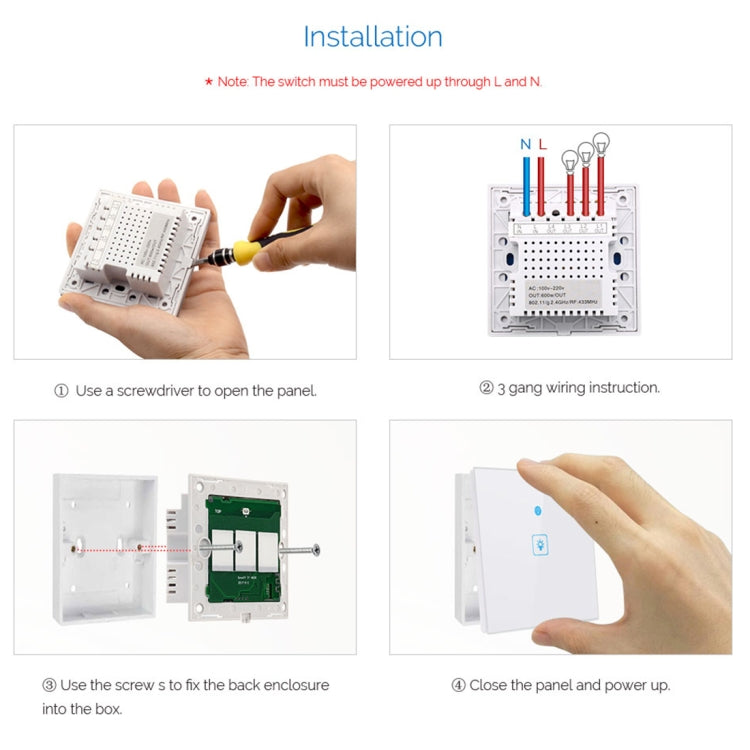 WS-UK-01 EWeLink App & Touch-Steuerung 2A 1-fach Smart-Wandschalter mit Glasfront, AC 90V-250V, UK-Stecker, 1-fach