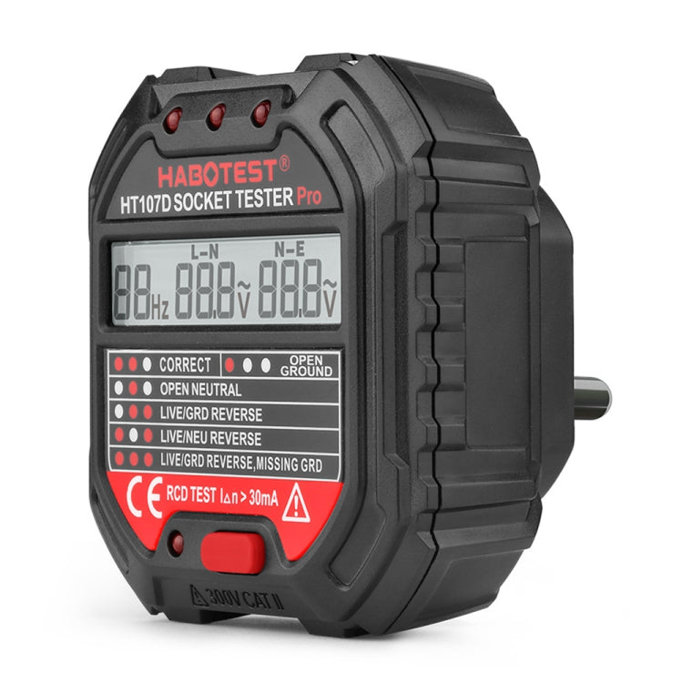 HABOTEST HT107D Multifunktionaler Steckdosentester mit Digitalanzeige, HT107D (US-Stecker), HT107D (UK-Stecker), HT107D (EU-Stecker)