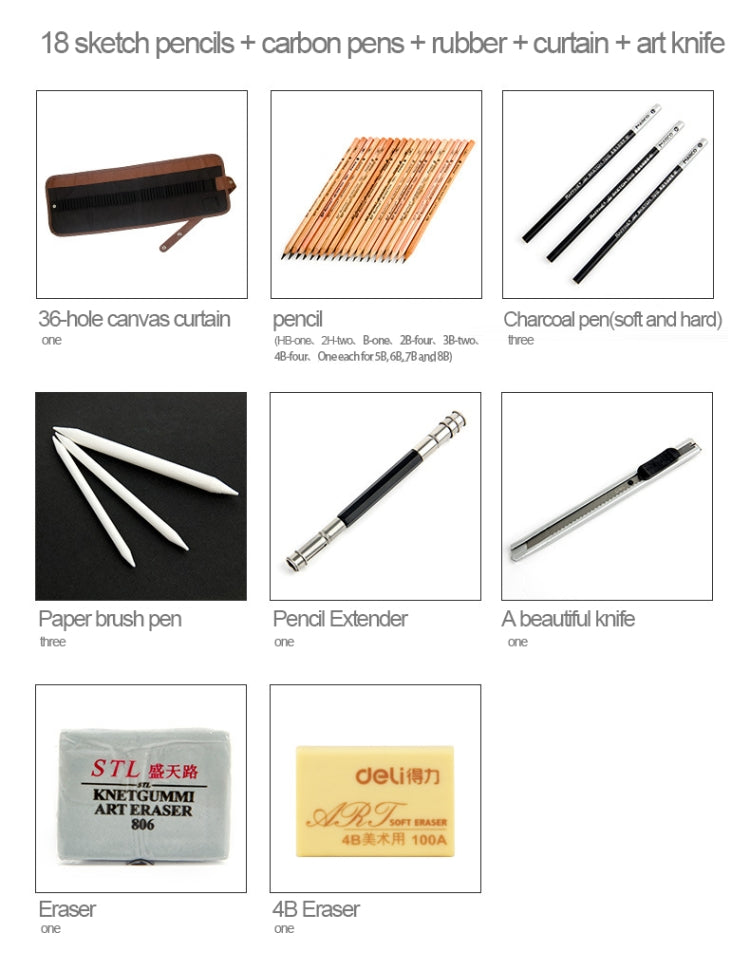 Beginner Sketching Tools (18 PCS Sketching Pencils + Charcoal Pencil + Erasers + Pen Curtain + Art Knife) Sketching Set, Sketching Set