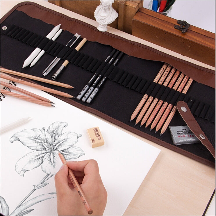 Beginner Sketching Tools (18 PCS Sketching Pencils + Charcoal Pencil + Erasers + Pen Curtain + Art Knife) Sketching Set, Sketching Set