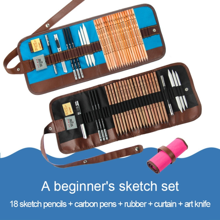 Beginner Sketching Tools (18 PCS Sketching Pencils + Charcoal Pencil + Erasers + Pen Curtain + Art Knife) Sketching Set, Sketching Set
