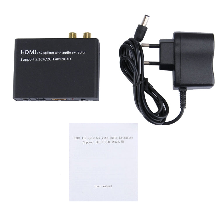 HDMI 1x2 Splitter mit Audio-Extraktor, unterstützt 5.1-Kanal / 2-Kanal, 4Kx2K, 3D