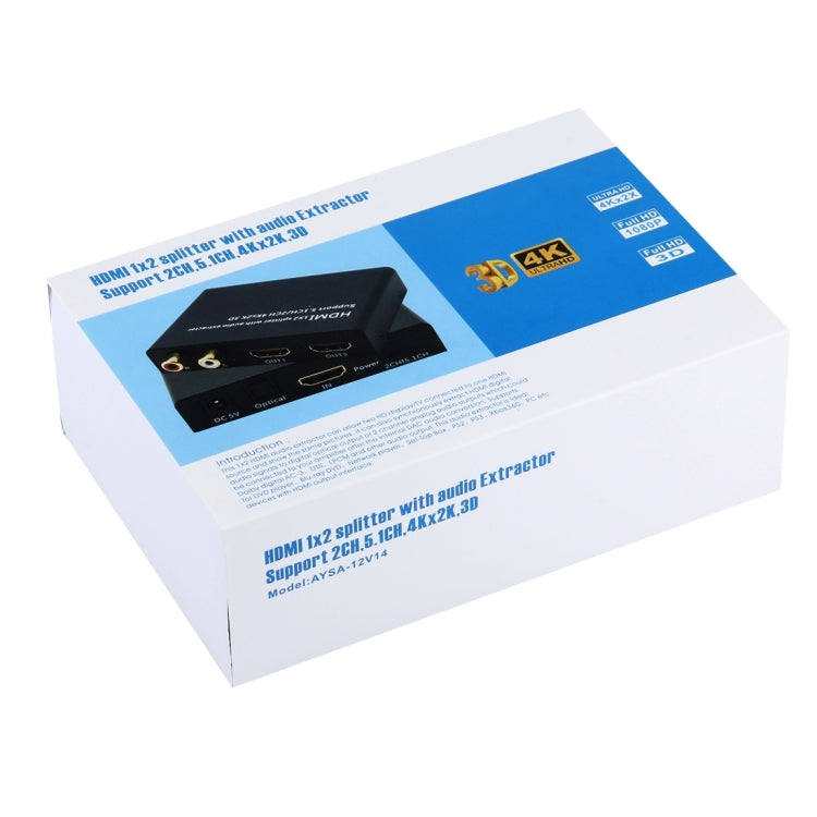 HDMI 1x2 Splitter mit Audio-Extraktor, unterstützt 5.1-Kanal / 2-Kanal, 4Kx2K, 3D