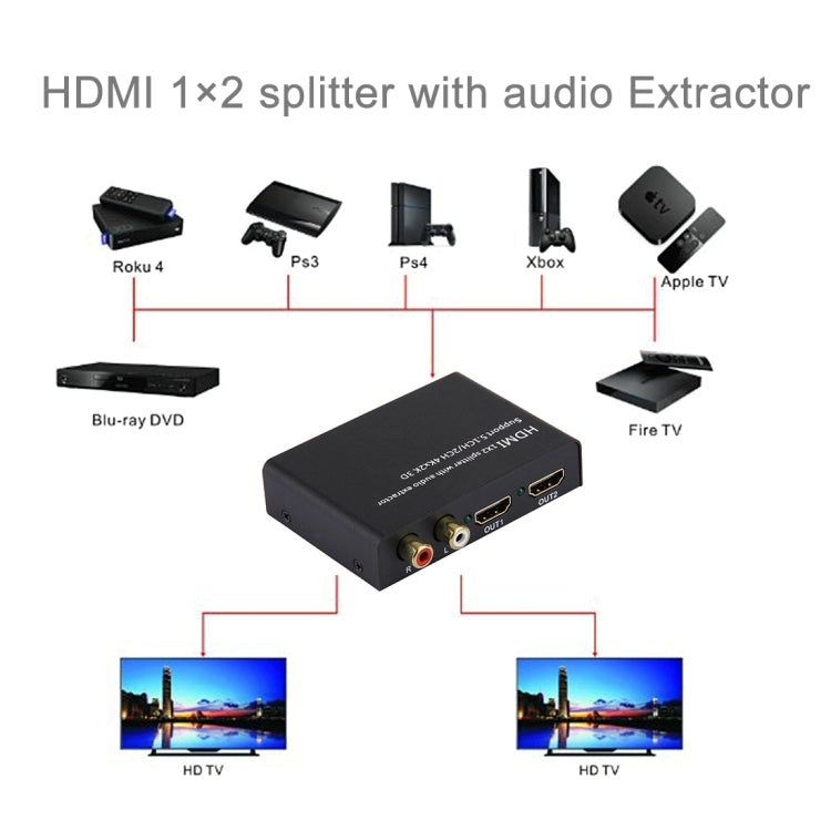 HDMI 1x2 Splitter mit Audio-Extraktor, unterstützt 5.1-Kanal / 2-Kanal, 4Kx2K, 3D