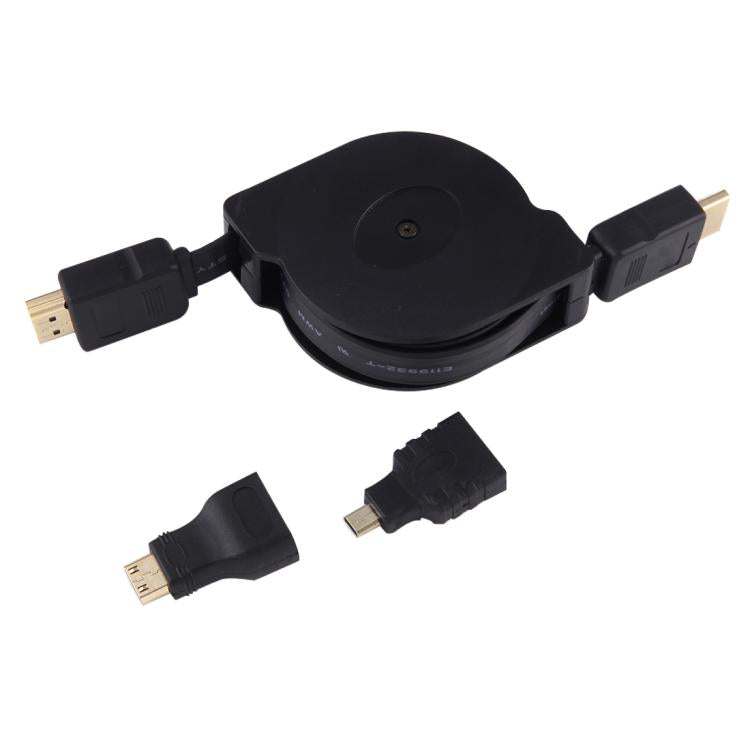 1 m HDMI-auf-HDMI-Stecker, ausziehbares Video-/Audio-Adapterkabel mit Mini-HDMI- und Micro-HDMI-Adaptern für HDTV, Monitore, Projektoren, PCs, Kameras, Tablets und Smartphones