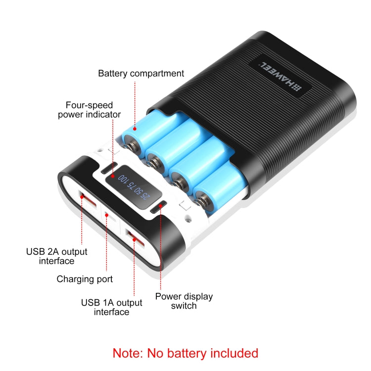 HAWEEL 4x18650 DIY 10000mAh Powerbank-Gehäuse mit dualem USB & Display (Schwarz)