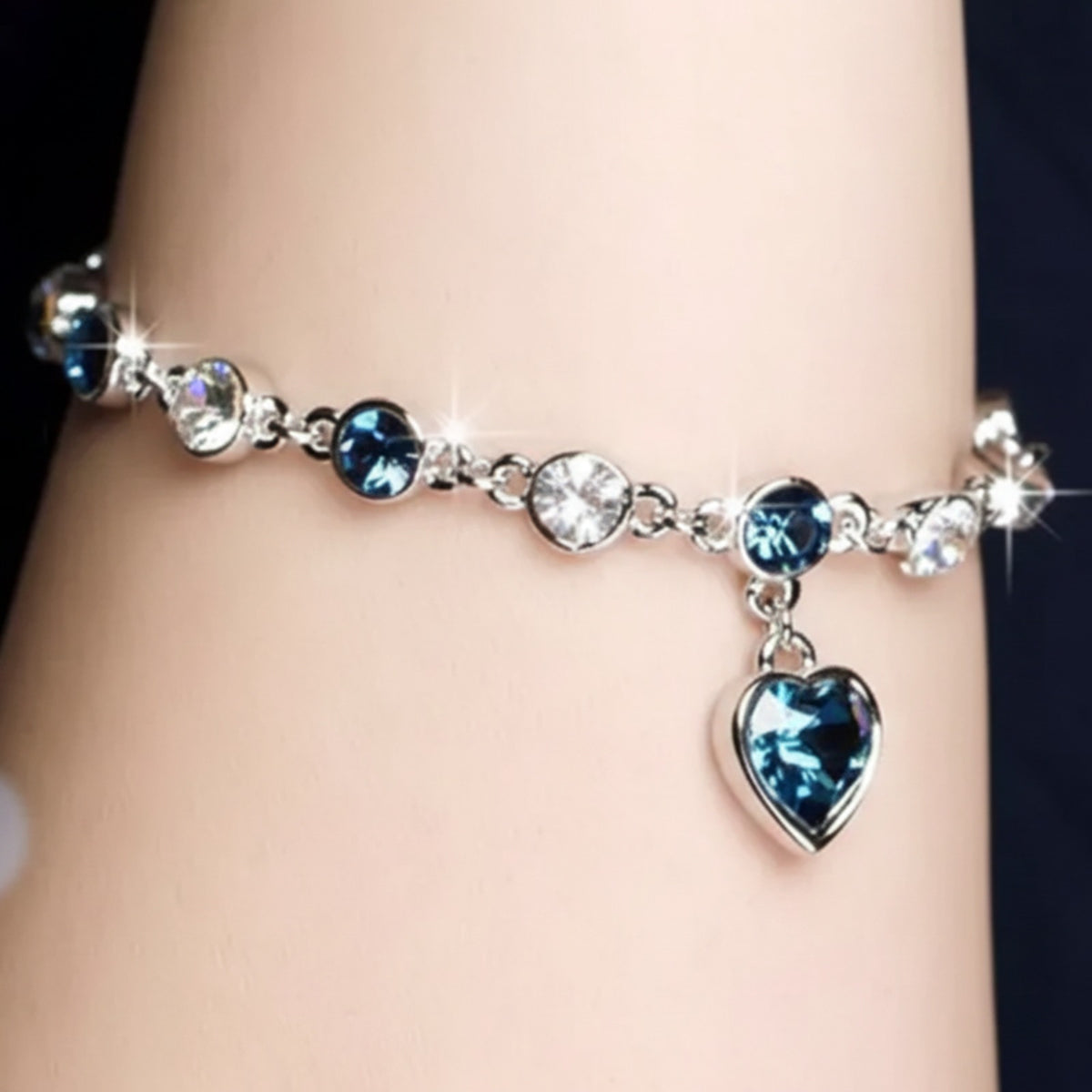 Women’s Silver Bracelet with Blue Heart Crystal Charm – Elegant Jewelry Gift for Her
