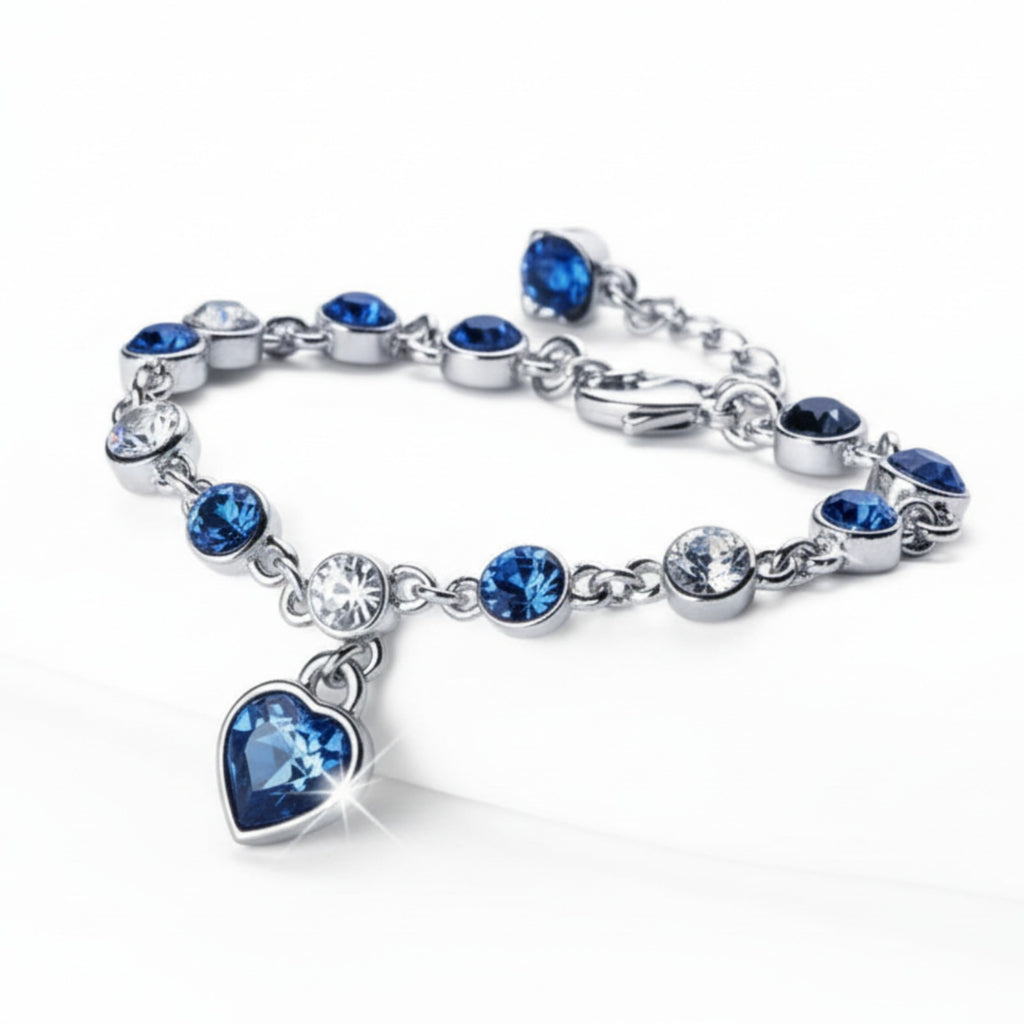 Women’s Silver Bracelet with Blue Heart Crystal Charm – Elegant Jewelry Gift for Her