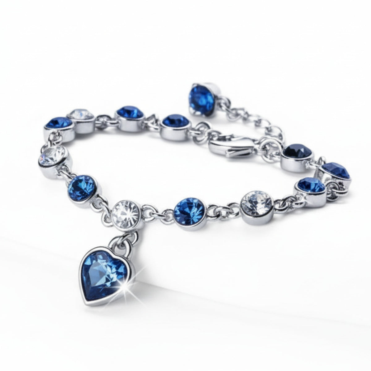 Women’s Silver Bracelet with Blue Heart Crystal Charm – Elegant Jewelry Gift for Her