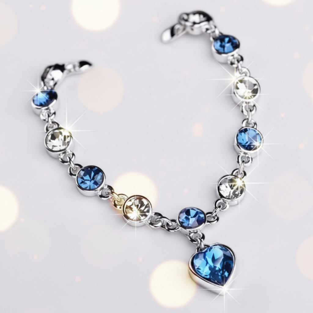 Women’s Silver Bracelet with Blue Heart Crystal Charm – Elegant Jewelry Gift for Her