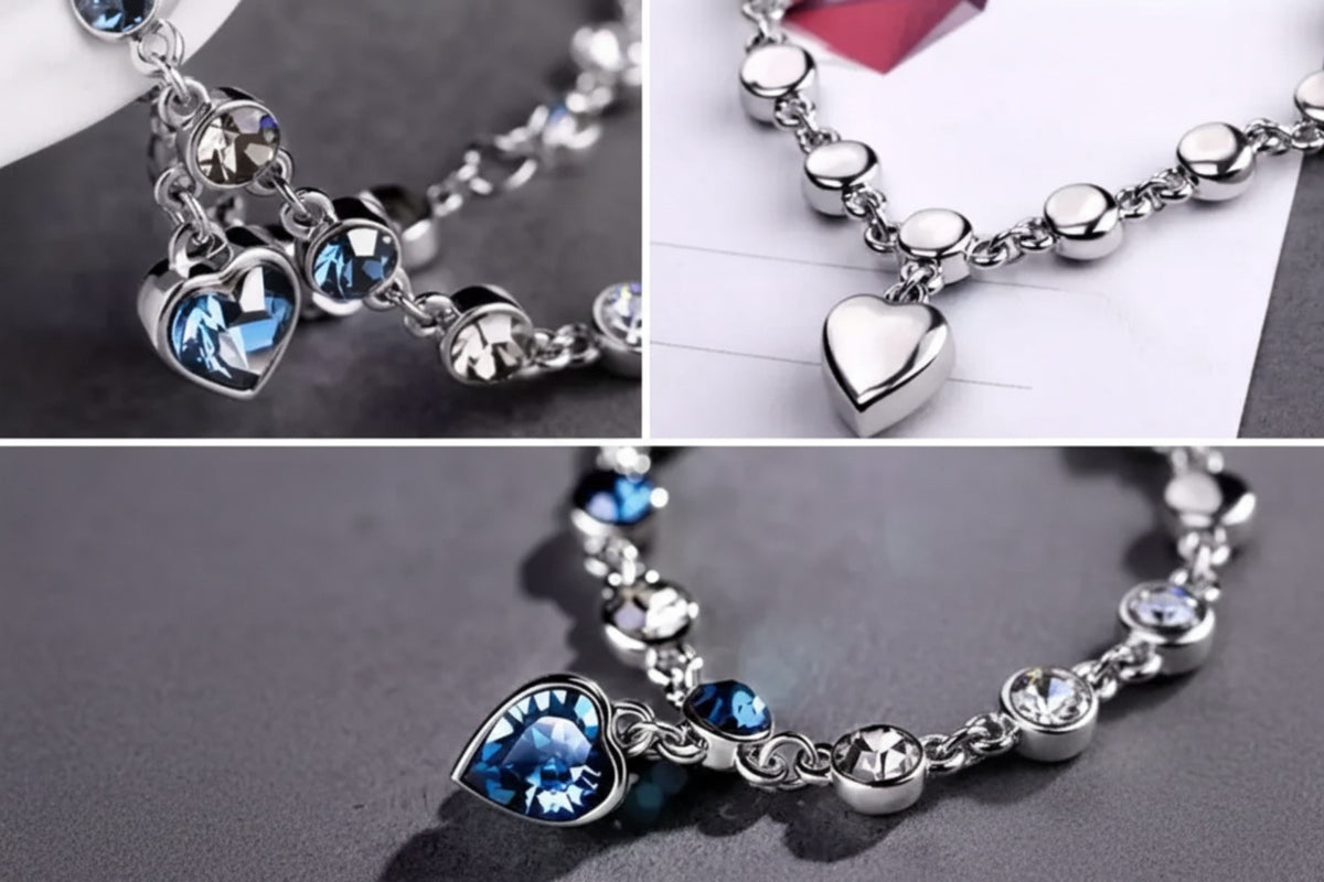 Women’s Silver Bracelet with Blue Heart Crystal Charm – Elegant Jewelry Gift for Her
