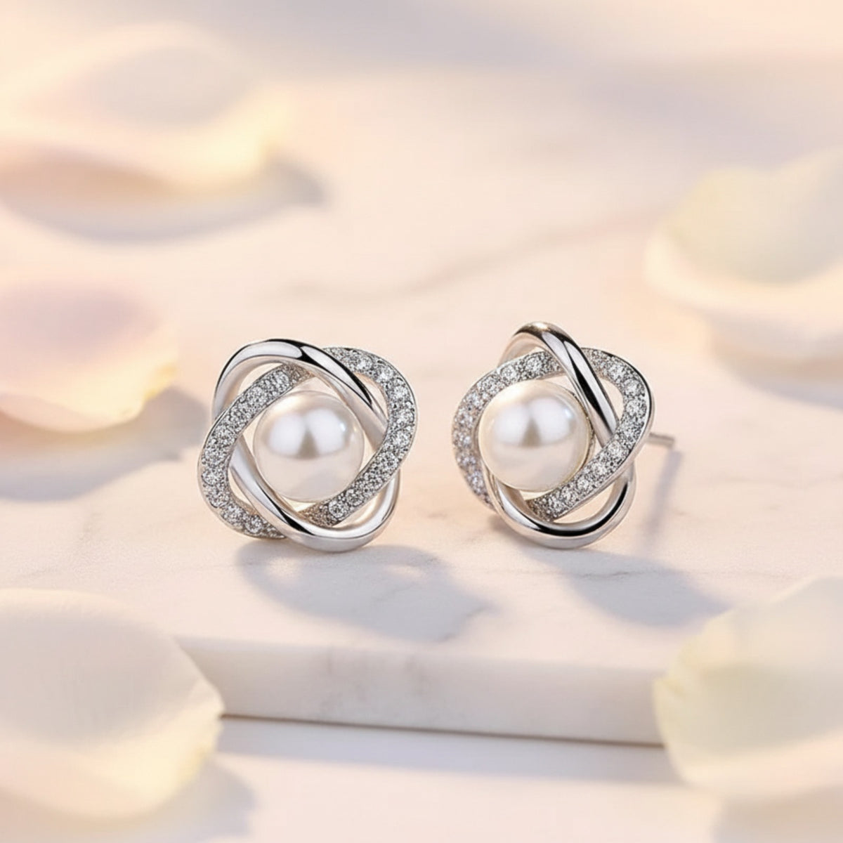 Women’s Silver Pearl & Crystal Earrings – Elegant Dangle Jewelry, Perfect Gift for Her