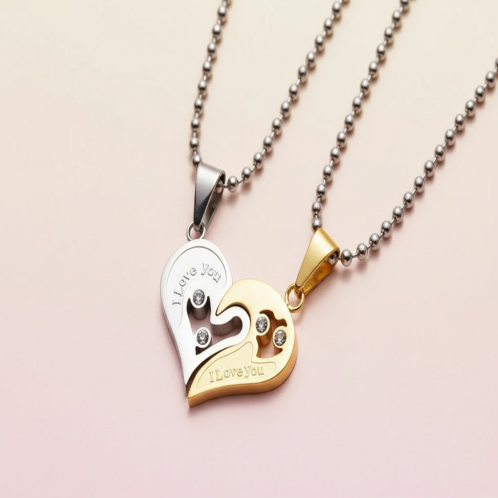 Magnetic Heart Couple Necklaces – “I Love You” Matching Pendant Set in Gold & Silver, Romantic Gift for Couples
