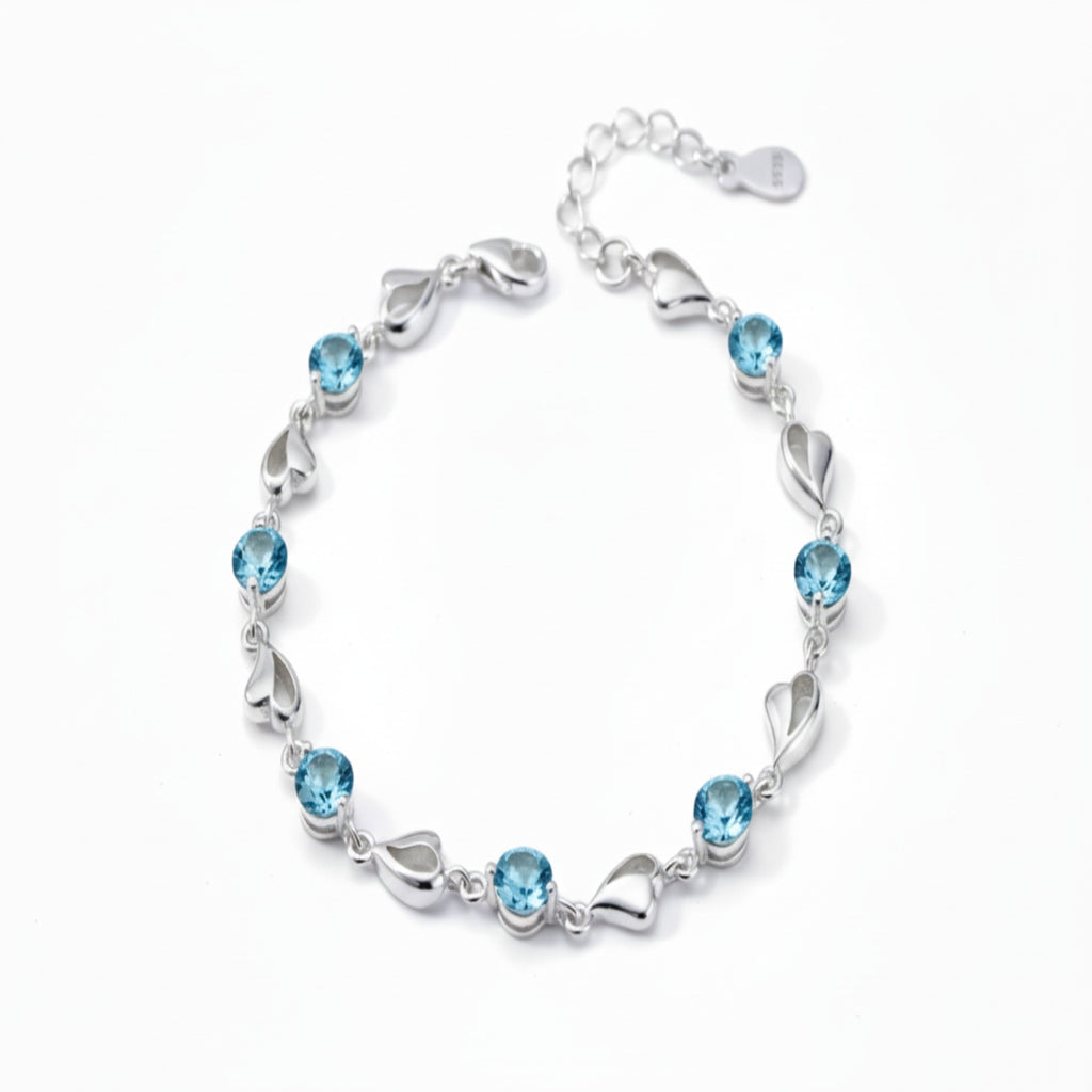 Elegant Silver Heart Bracelet – Sparkling Blue Crystal Charm Jewelry, Adjustable Gift for Women & Teens
