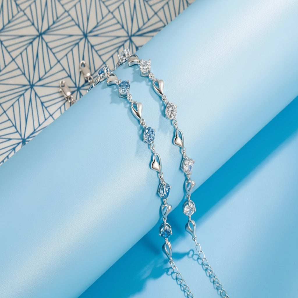 Elegant Silver Heart Bracelet – Sparkling Blue Crystal Charm Jewelry, Adjustable Gift for Women & Teens