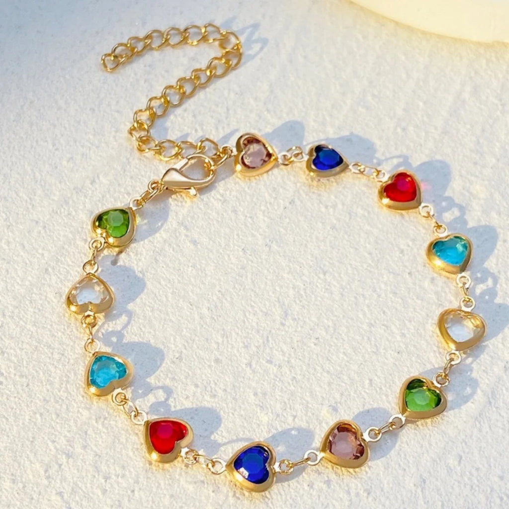 Prismatic Heart Crystal Bracelet – Multicolor Sparkle Jewelry, Adjustable Romantic Gift for Women & Teens
