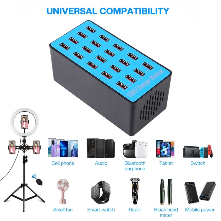 WLX-A5+ 100W 20 USB Ports Charger Station Automatically Assigned Smart Charger with Power LED Indicator, EU Plug, WLX-A5+ UK Plug, WLX-A5+ US Plug